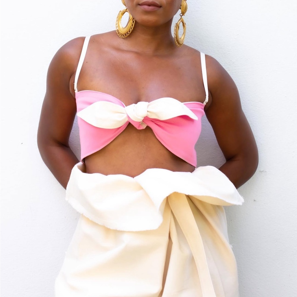 Reversible 2-Piece Set | Paper Bag Pants & Tie Crop Top Pink/Cream - Picture 2 of 10